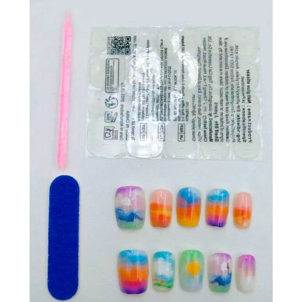10 Handmade Colorful Sky Landscape Sunset Short Square Press-on Nails Size M New